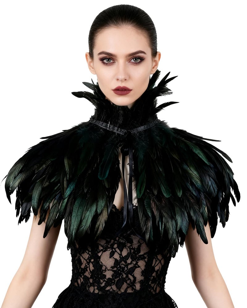 L'VOW Gothic Black Feather Cape Shawl Shrug Poncho with Choker Collar (Black) - Image 1